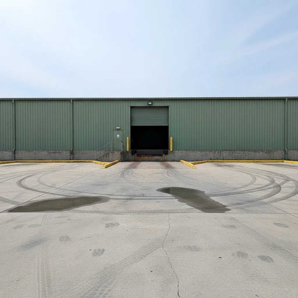 A wide commercial concrete apron outside a loading dock, tire marks and a painted edge line, the dock leveler and roll door behind it.