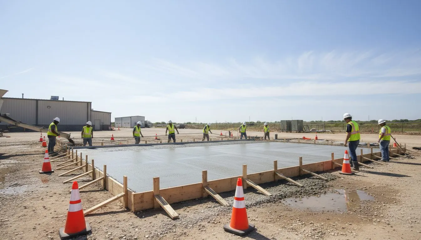A commercial concrete pour in progress, a loading dock apron or parking area with forms set and a crew screeding, safety cones marking the site.