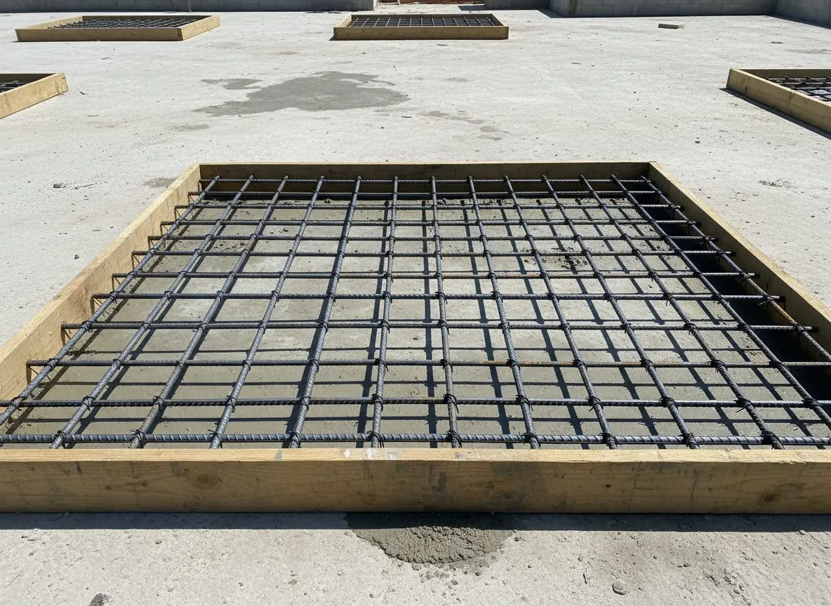 A close view of steel reinforcement laid inside wooden forms before a pour, wire ties visible at each intersection.