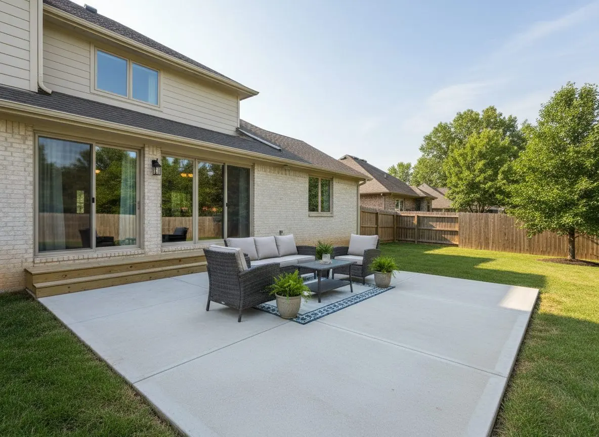A finished back patio behind a house, broom swept and jointed, with outdoor furniture on it.