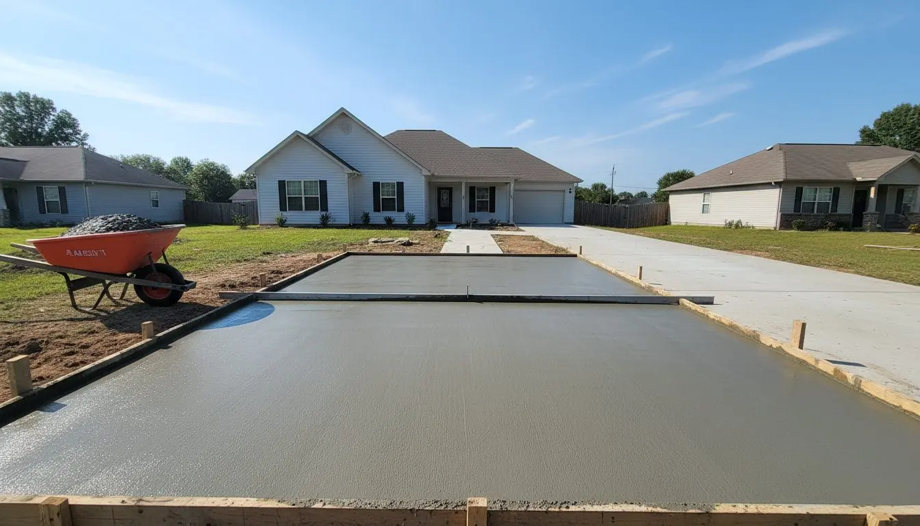 A residential driveway pour in progress at an ordinary Little Rock house, forms set along the existing edge, a wheelbarrow and screed board in frame.