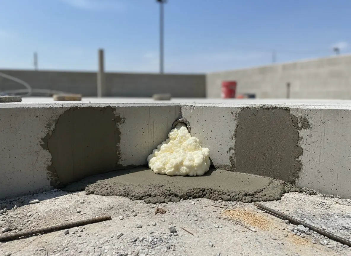 Polyurethane foam being injected through a small port under a sunken slab.