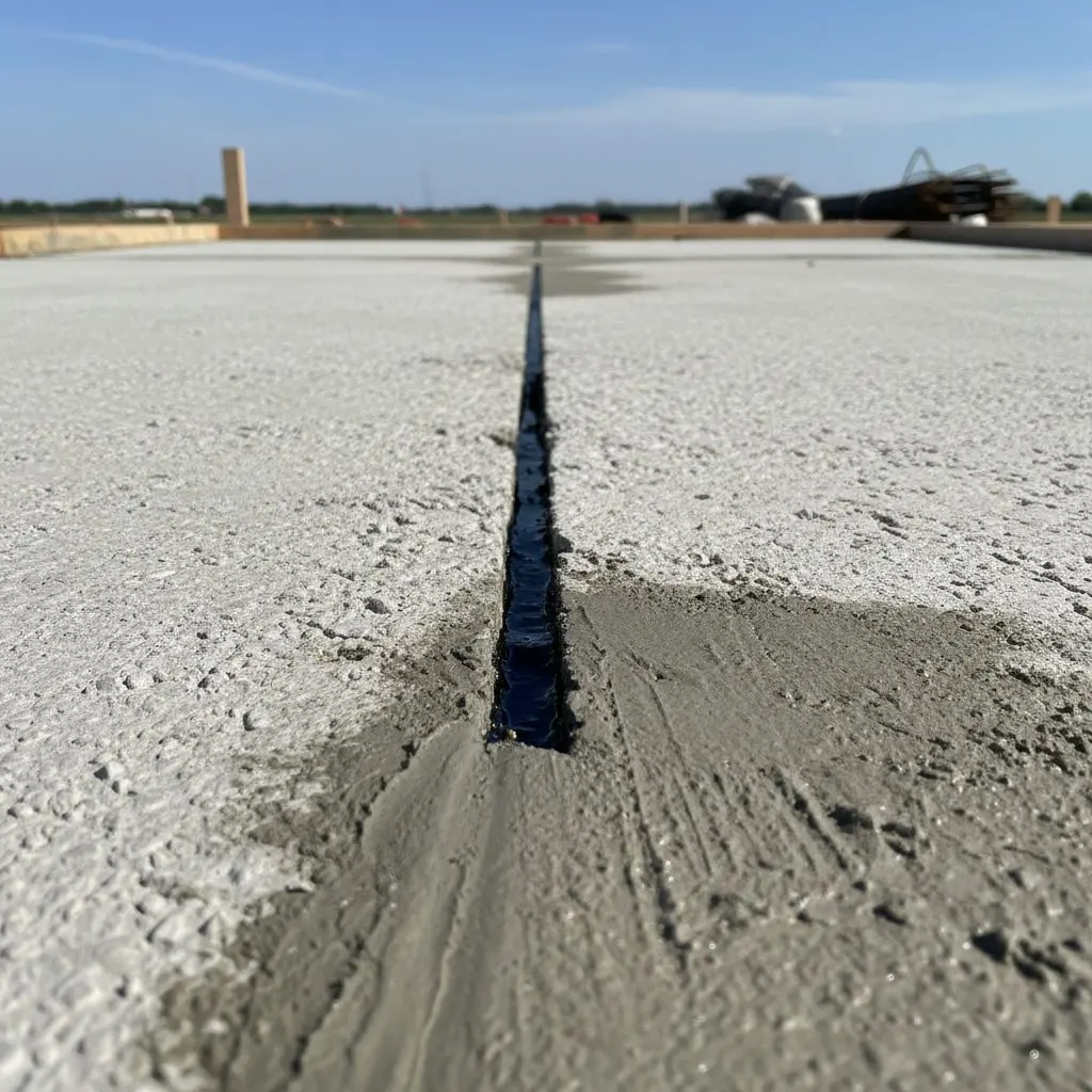 A close view of a routed and epoxy-filled crack in a concrete slab, the repair line visible.