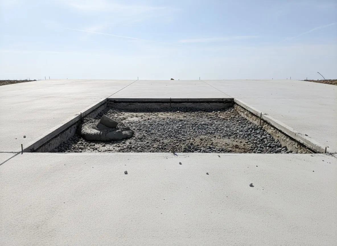 A saw-cut section of failed concrete removed to the nearest joint, ready for a new pour.