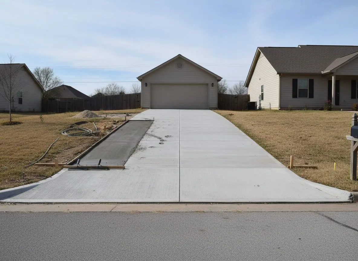 A finished concrete driveway running the full length of a lot from the street to a garage door, broom finished and cured pale gray.