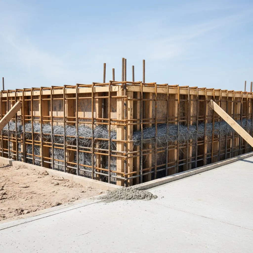 A close view of rebar or fiber-reinforced concrete inside foundation formwork before the pour.