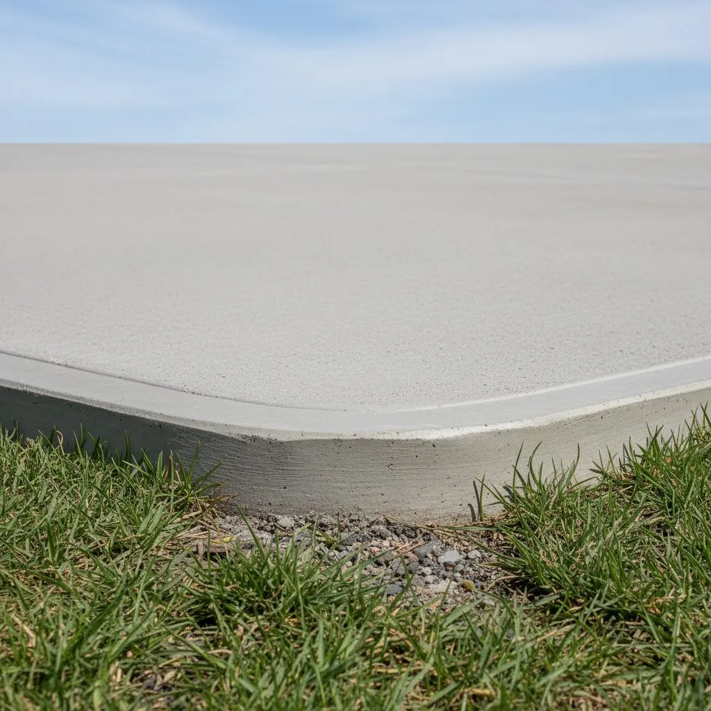 A close view of a patio slab being hand troweled to a smooth finish, the edge of the form still in place and the wet surface reflecting flat daylight.