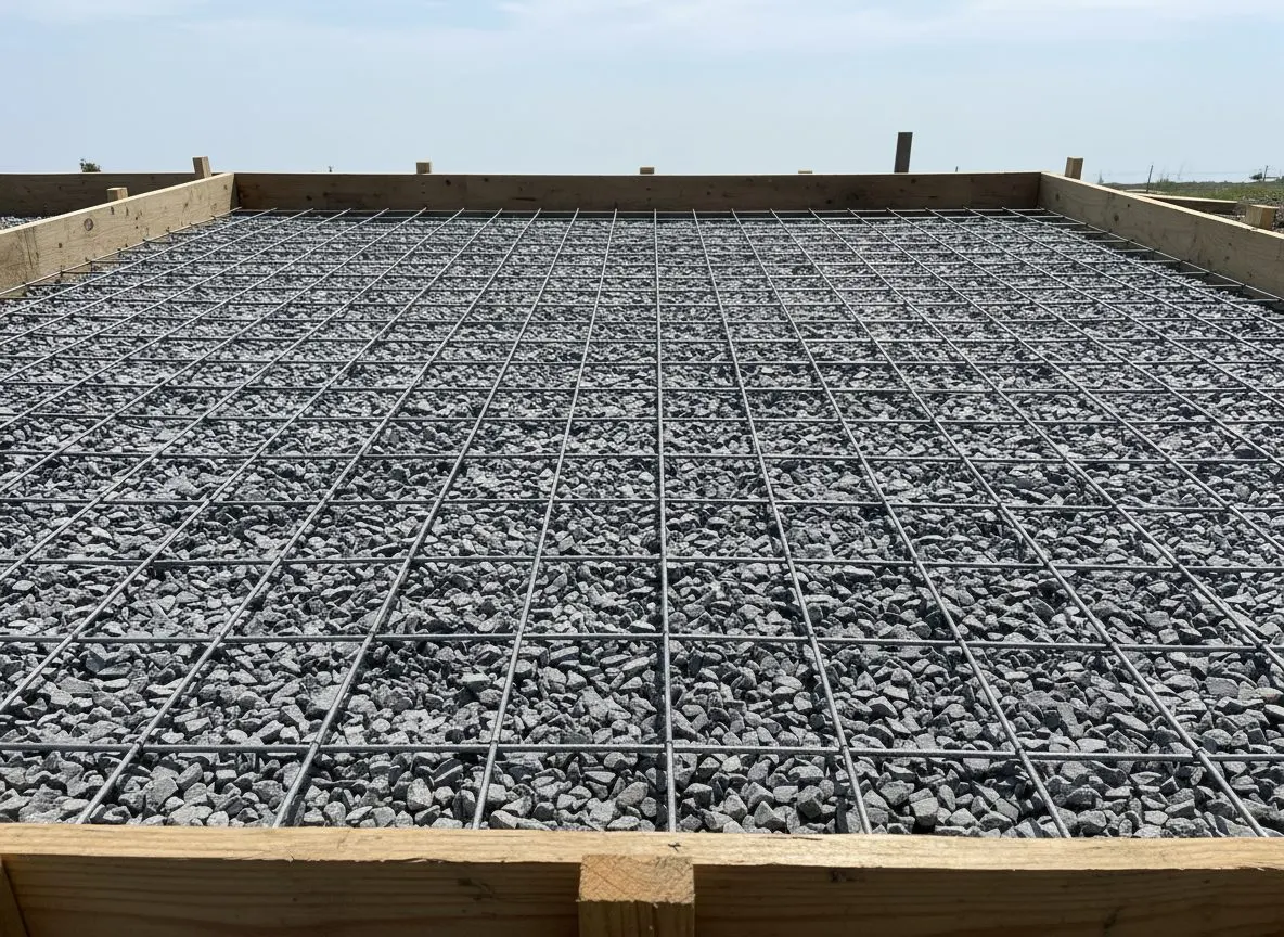 A close view of welded wire mesh reinforcement laid inside wood forms before a patio pour, resting on a compacted crushed stone base.