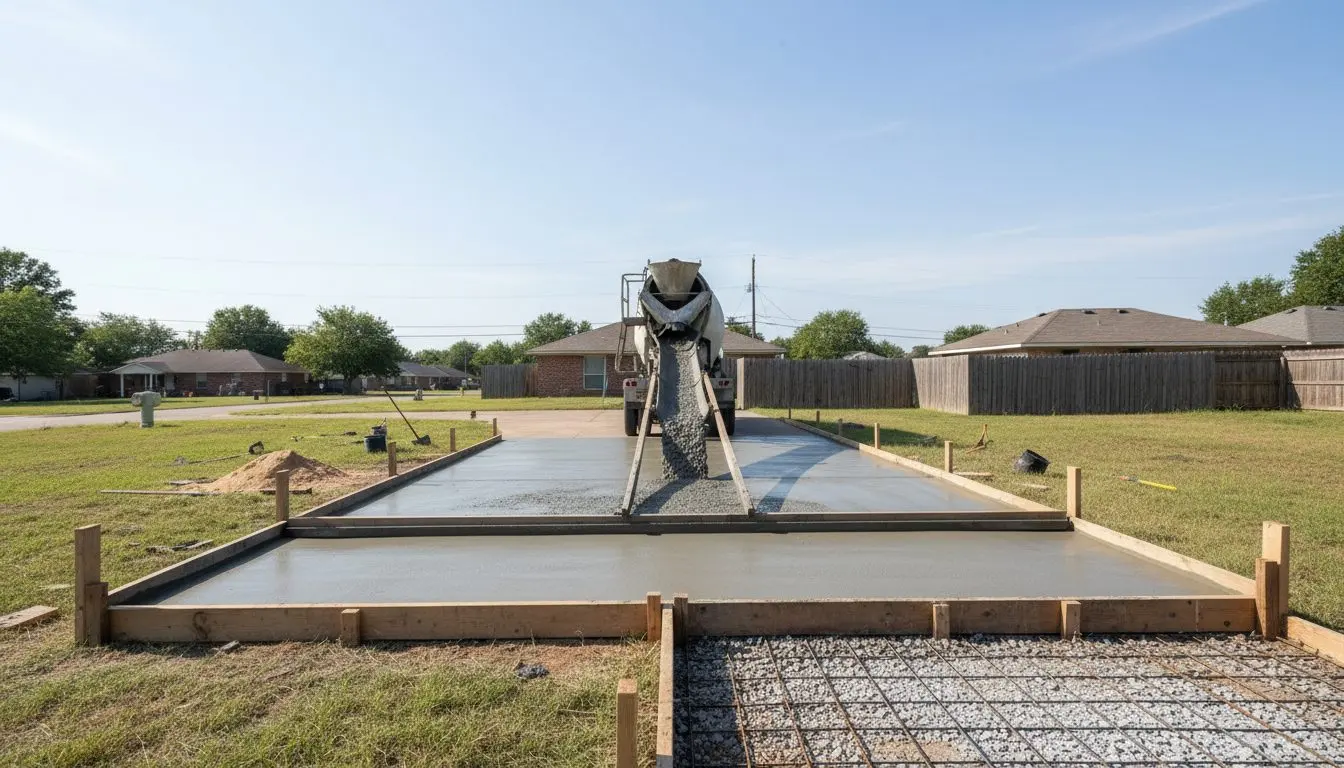 A residential driveway mid pour, the mixer chute feeding wet concrete between timber forms while a screed board is drawn across the surface.